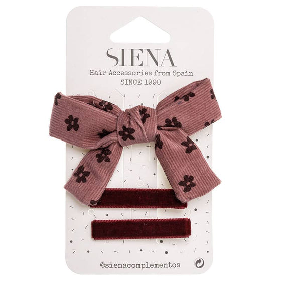 Siena Hair Accessories - Pack 1 printed corduroy hairbow + 2 velvet hair clips
