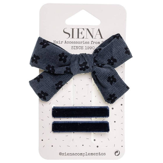 Siena Hair Accessories - Pack 1 printed corduroy hairbow + 2 velvet hair clips